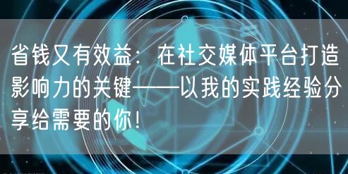 省钱又有效益：在社交媒体平台打造影响力的关键——以我的实践经验分享给需要的你！